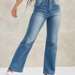 DOLCE CRUDO Women Wide Leg Mid-Rise Light Fade Stretchable Jeans-picture-35