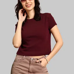 Moda Rapido Women Burgundy Cotton Tshirts-picture-10