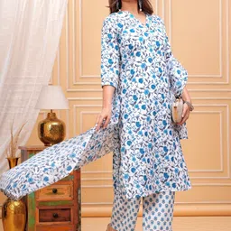 SHALIG Women Floral Printed Cotton Kurta with Trousers & Dupatta image 2