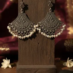 Sansik Silver-Plated Artificial Beaded Contemporary Shaped Oxidised Drop Earrings image 2