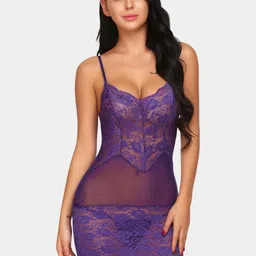 MYZA Women Purple Shoulder Straps Laced Baby Doll-image-90