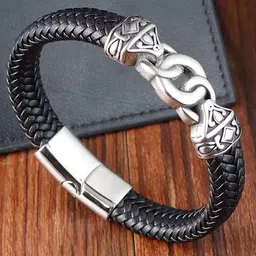 The Roadster Lifestyle Co Men Leather Braided Knot-Detail Bracelet-picture-46