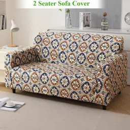 HOKIPO Navy Blue & White Floral Printed Velvet 2 Seater Sofa Cover With Arms-image-27