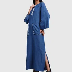 Orchid Blues Women Flared Sleeve Denim A-Line Maxi Dress With Raw Pocket Detail image 2