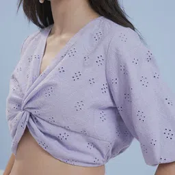 Vara By Vishudh Women Embroidered Bishop Sleeves Cotton Schiffli Crop Top image 5