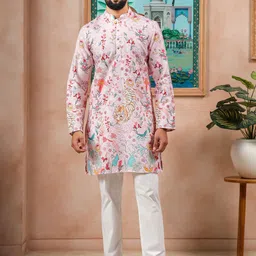 Koshin Men Floral Printed Thread Work Detail Straight Kurta image 3