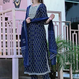 KALINI Bandhani Printed Round Neck Sequinned Anarkali Kurta With Trousers & Dupatta image 4