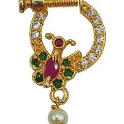 RUBY GOLD Gold-Plated Artificial Stones Studded And Beaded Stud Nosepin image 1