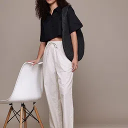 Popnetic Women Striped Cotton-Linen Wide Leg Trousers-image-45