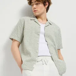 THE BEAR HOUSE Men Cuban Collar Micro Checked Cotton Casual Shirt image 1