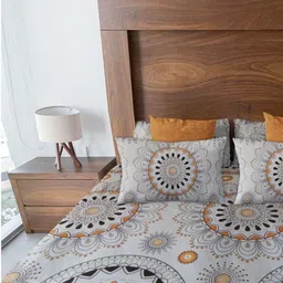 HARYANA HOOPS Off White & Mustard Geometric 220 TC Queen Bedsheet with 2 Pillow Covers-image-35