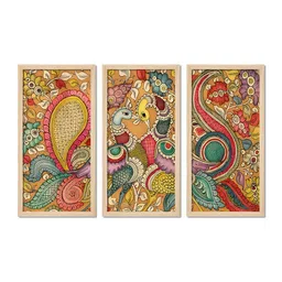 ArtVibes Mustard & Green 3 Pieces Peacock Printed Wooden Wall Arts-image-3