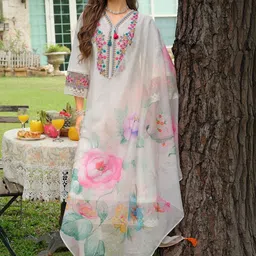 Indo Era Women Floral Embroidered Regular Thread Work Kurta with Trousers & With Dupatta-picture-29