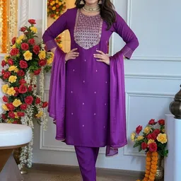 FIDHARA Embroidered Thread Work Pure Silk Straight Kurta With Trousers & Dupatta-picture-29