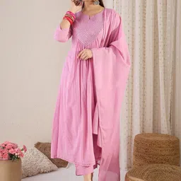 Indo Era Women Pleated Mirror Work Pure Cotton Kurta with Trousers & With Dupatta image 5