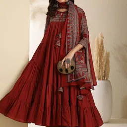 GULMOHAR JAIPUR Floral Printed Tiered Mirror Work Pure Cotton Kurta with Palazzo & Dupatta-image-68