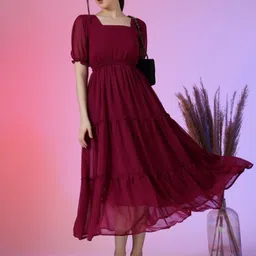 Raiyani Enterprise Women Puff Sleeve Tiered Fit & Flare Midi Dress-picture-23