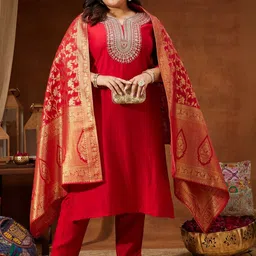 Janasya Women Floral Embroidered Regular Sequinned Kurta with Trousers & With Dupatta-image-79