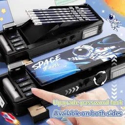 radhey preet Astronaut, Universe Print Multi Compartment Button Operated Password Protected Compass Box For Kids, Price For 1Pc | RP1137 Art Plastic Pencil Box image 2