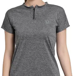 uzarus Women Solid Mandarin Collar Polyester Grey T-Shirt-picture-13