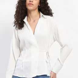 SZN Women Textured Crepe Shirt Collar Tie-Ups Wrap Top-picture-37