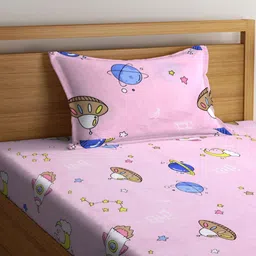 Aura Pink & Blue Cartoon Characters 350 TC Single Bedsheet with 1 Pillow Covers image 2