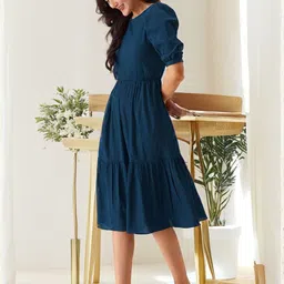 Womenster Women Round Neck Puff Sleeve A-Line Midi Dress image 4