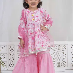 Little Bansi Girls Floral Printed Cotton A-Line Kurta with Sharara & Dupatta-picture-14