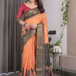 ALMAARI FASHION Ethnic Motifs Printed Zari Pure Linen Banarasi Saree-picture-17