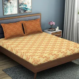 Welspun Orange & Brown Geometric 200 TC Queen Bedsheet with 2 Pillow Covers image 2
