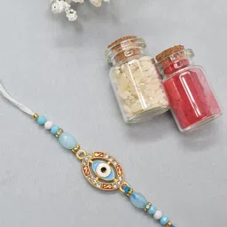 MEIRA JEWELLERY Artificial Stones Studded & Beaded Evil Eye Rakhi With Roli Chawal & Card-picture-57