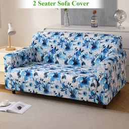 HOKIPO Blue & White Printed Velvet Sofa Cover With Arms-picture-36