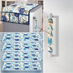 E-Retailer 6Pc Beige & Blue Printed Waterproof 3-Layered Refrigerator Covers With Pockets-picture-35