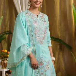 SCAKHI Floral Embroidered Gotta Patti Cotton Cambric Kurta With Trousers & Dupatta image 4