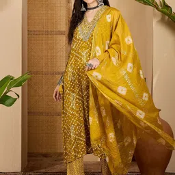 Sangria Bandhej Printed & Embroidered V-Neck A-Line Kurta & Trousers With Dupatta-picture-39