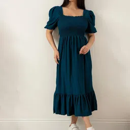Honky Tonky Women Square Neck Puff Sleeve Smocked Fit & Flare Midi Dress image 2