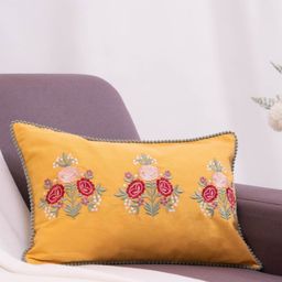 haus & kinder Golden Bloom Garden Mustard Cotton Embroidered Rectangle Cushion Cover-picture-42