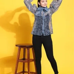 Rujave Floral Printed Tie-Up Neck Puffed Sleeves Sheer Organza Shirt Style Top-picture-31