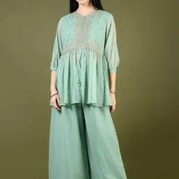 V-Mart Women Ethnic Motifs Embroidered Regular Thread Work Pure Cotton Kurta with Palazzos-image-35