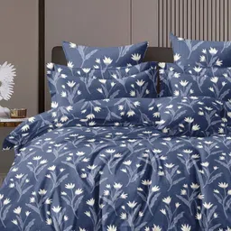 Glaxomas Blue & Off White Floral Printed Cotton 250 TC Double King Bedsheet Set-picture-27