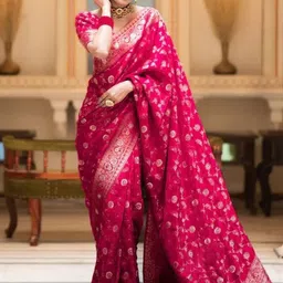 VASTRAAVEDAA Woven Design Zari Banarasi Saree With Blouse Piece-image-34