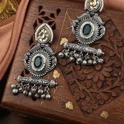 VENI 92.5 Silver Plated Oxidized Stones Studded & Beaded Contemporary Drop Earrings-picture-33
