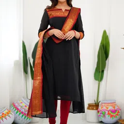 Snofi Creation Woven Design Notch Neck Pure Cotton Straight Kurta With Dupatta-image-52