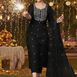 Aaghnya Ethnic Motifs Embroidered Thread Work Straight Kurta with Trousers & Dupatta-picture-13