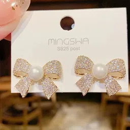 Celestique Cubic Zirconia Stone Studded & Pearls Beaded Contemporary Shaped Studs-picture-44