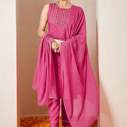 Janasya Women Ethnic Motifs Embroidered A-Line Kurta with Trousers & Dupatta image 4