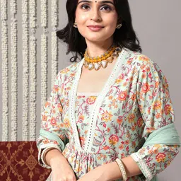 KALINI Women Floral Printed Empire Mirror Work Kurta with Trousers & With Dupatta image 4