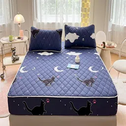 JC HOME Navy Blue Graphic Printed Cotton 150 TC Fitted Queen Bedsheet Set 2.43m x 2.64m-picture-1
