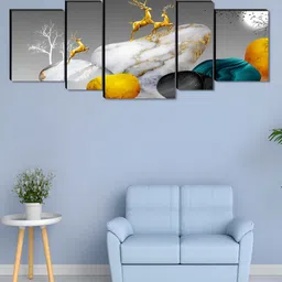 SAF Grey & White 5 Piece Deer Printed Wooden Wall Arts image 2