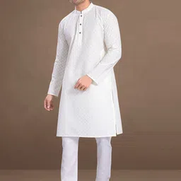 PulseIQ Men Embroidered Thread Work Regular Mandarin Collar Kurta with Pyjamas-picture-39
